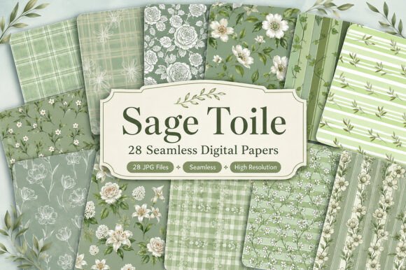 Download Sage Toile Digital Paper Pack, Vintage - Pack Collection