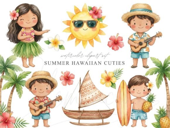 Download Cute Hawaiian Kids Clipart Set - Cute Collection