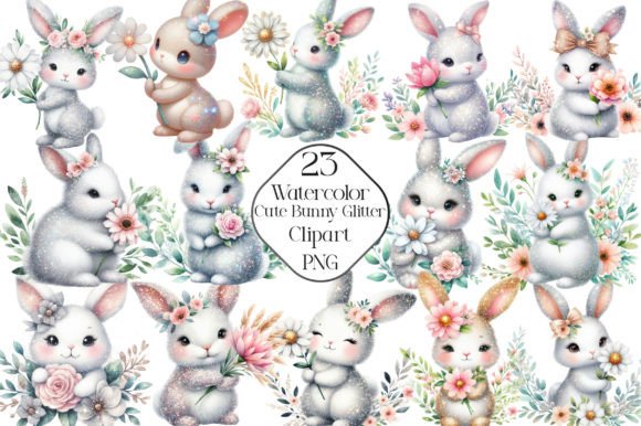 Download Watercolor Cute Bunny Glitter Clipart - Cute Collection