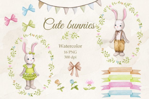 Download Cute Bunnies.Boy and Girl.Watercolor PNG - Cute Collection