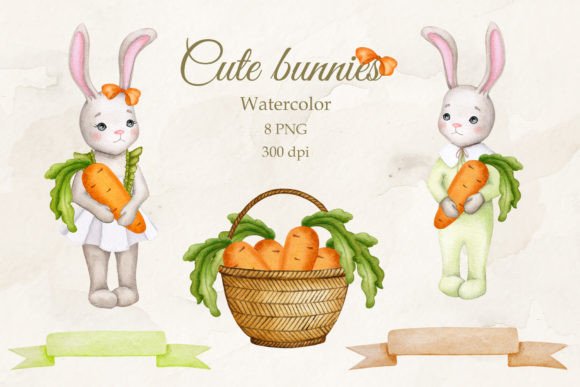 Download Cute Bunnies with Carrots.Watercolor PNG - Cute Collection