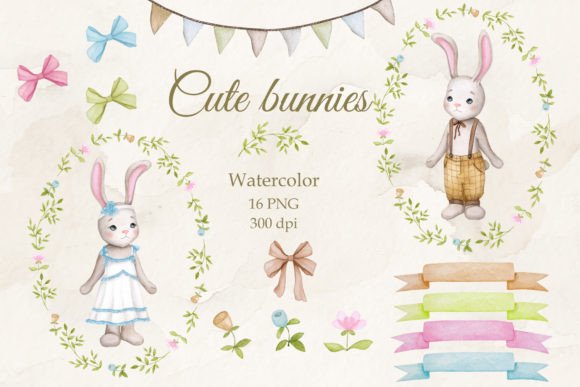 Download Cute Bunnies.Boy and Girl.Watercolor PNG - Cute Collection