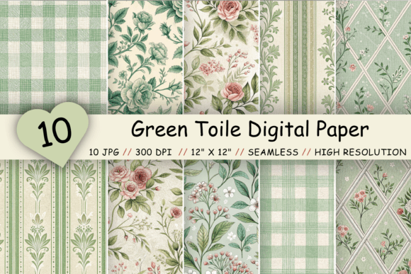 Download Green Toile Digital Paper Pack, Vintage - Pack Collection